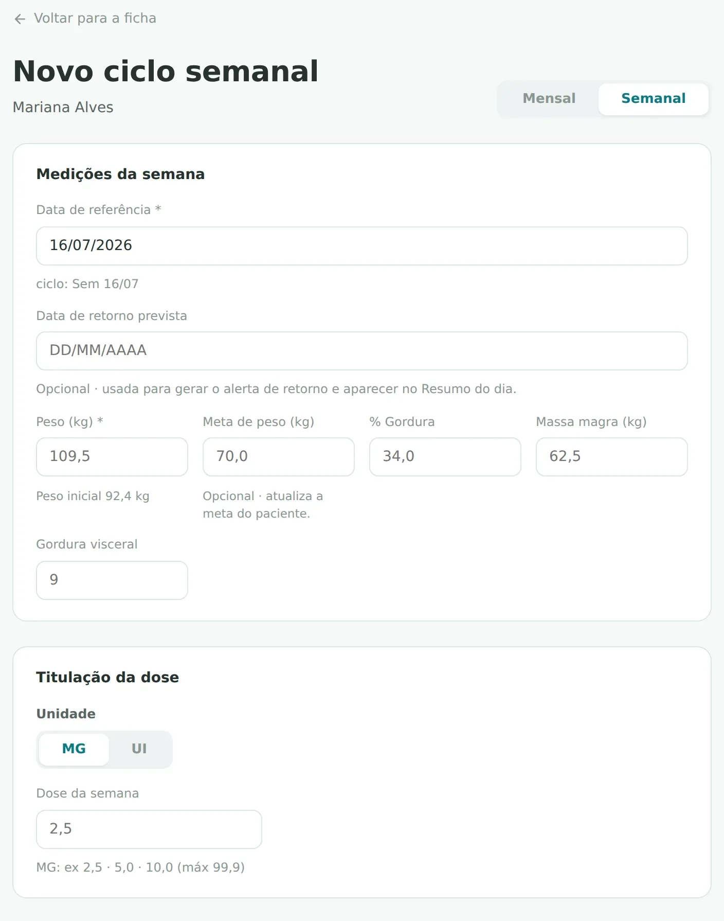Registro de ciclo semanal no Murev Acompanha